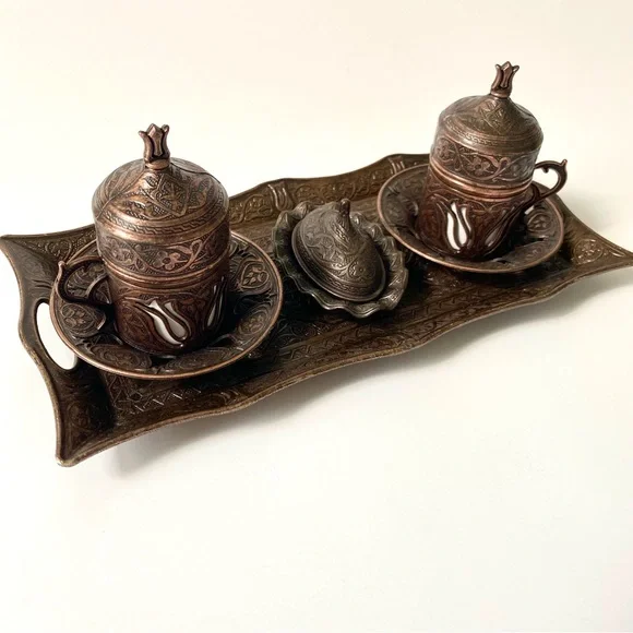 LAST CHANCE SALE! Turkish Copper Coffee Tea Set floral motifs Zamak & Porcelain - Picture 2 of 7